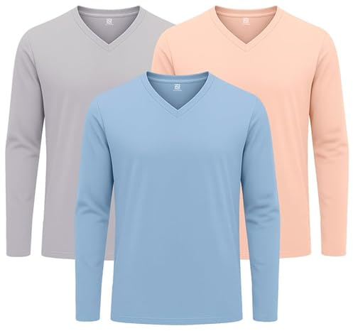 Style Horizon 3 Pack Mens Long Sleeve V Neck T-Shirts, 100% Cotton Casual V-Neck Full Sleeved Tops