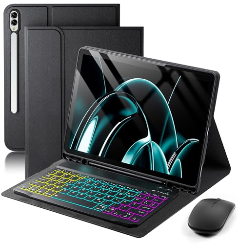 für Samsung Galaxy Tab S10 Ultra(2024)/S9 Ultra(2023)/S8 Ultra(2022)/S11 Ultra(2025)14.6 Zoll Hülle mit Kabelloses Bluetooth Beleuchtete Farbige Deutsch Tastatur(QWERTZ)und Maus, Backlit Keyboard Case
