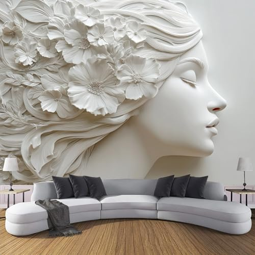 Fototapete 350x256 cm Weibliches Profil 3D Effekt Papierskulptur Kunststil Wanddeko Tapete,Weiß Tapete Wandbild für Wohnzimmer Schlafzimmer Büro