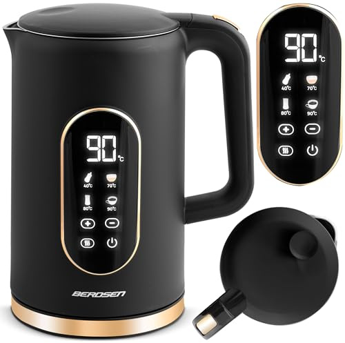 Berdsen Wasserkocher - 1,7 L - Mit Temperatureinstellung - LED Digitale Temperaturanzeige - Trockenlaufschutz - 360°-Basis - Schwarz Gold