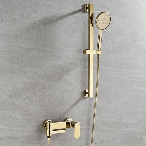 Gold Duschsystem Wannenbatterie mit 90° Drehbarer Unterer Auslass Armatur Badewanne Wand Dusch Armaturen Set Hochklappbar,Gold