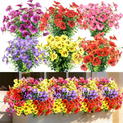 Künstliche Blumen für den Außenbereich, 18 Bündel künstliche Frühlings- und Sommerpflanzen für Außenpflanzgefäße, Haustür, Veranda, Garten, Terrasse, Fensterbank, Wohnkultur (6 Farben gemischt)