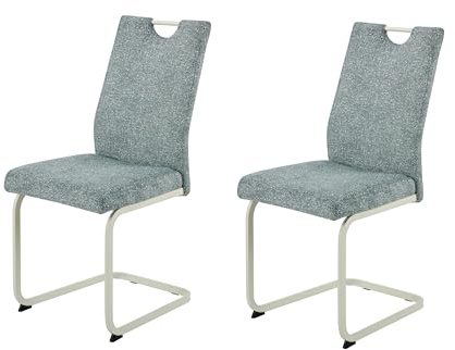 Hela Tische, 2er Set Freischwinger, Küchenstuhl Tivoli, Bezug Webstoff Mint Boucleòptik, Vierkant-Gestell Perlweiß, ergonomische Lehne mit Griff, 140kg belastbar