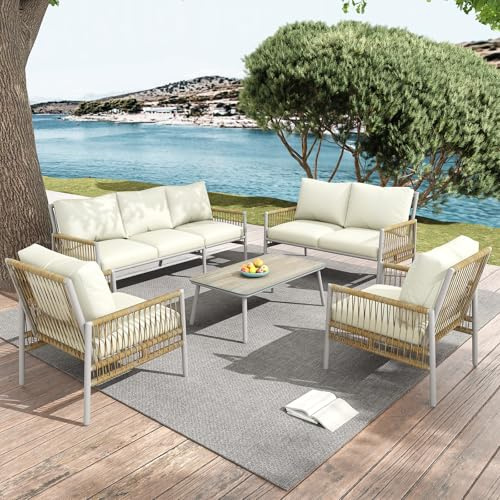 Salon de Jardin extérieur, Ensemble de mobilier de jardin 7 places, 1 table basse, PE, tubes en acier galvanisé, verre trempé, coussins d'assise déhoussables et lavables (A-Beige-7 seats + 1 table)
