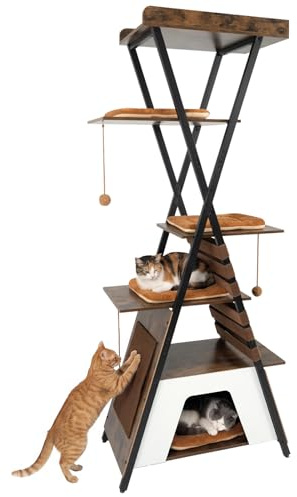 COSTWAY Kratzbaum, 185 cm Katzenbaum mit 4 Plattformen & Höhle, abnehmbaren Matten, Katzenhaus mit Kratzbrett & Bällen, Katzenkratzbaum Metallrahmen, modern, Katzenturm Holz, rustikales Braun