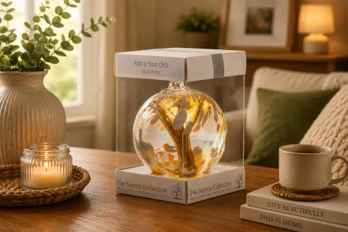 Sienna Glass Attraction Orb – 10cm Handcrafted Mouth-Blown Glass Ornament – Gratitude – Hanging Window Decoration – Keepsake Gift Boxed with Ribbon