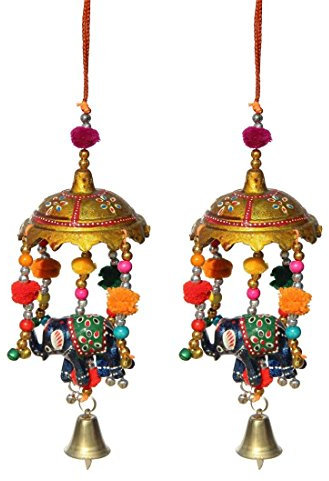 Handicrafts Paradise Door Hanging Umbrella with Elephant Painted and Metal Bell Set of 2