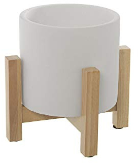 Set de 4 maceteros de Cemento con Patas de Madera en Blanco y Roble 19x24cm