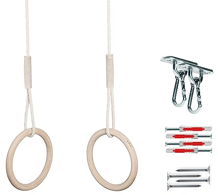 MAMOI® Trapez schaukel, Turnringe aus Holz, Turngeräte für Kinder Indoor und Outdoor, Ringe schaukel, Turnen mit Holzschaukel, Gymnastikringe und Trapezstange