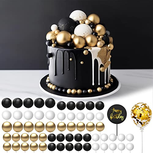 Bosillsm 60 Pcs Ball Cake Topper Balloons Cake Balls Decoration DIY Cake Insert Topper Foam Cake Balls Baking Decoration for Christmas Wedding Anniversary Birthday (Black, Gold, White)