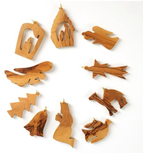 KASSIS Geschenkartikel Olivenholz Weihnachtsdeko Baumschmuck Anhänger 10er Set handgemacht in Bethlehem