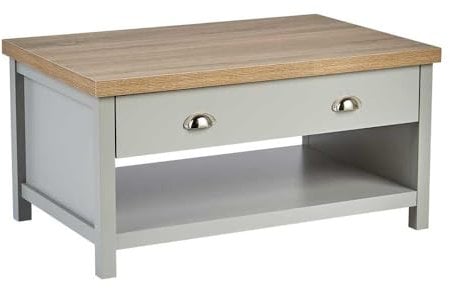 Home Source 2 Drawer Occasional Coffee Table, Oak Effect, Grey