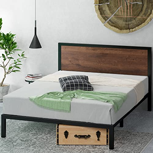 Zinus Mory Double Bed frame - Bed 135x190 cm - 30 cm Height - Metal and Wood Platfomr Bed frame with Wood slat support - Brown