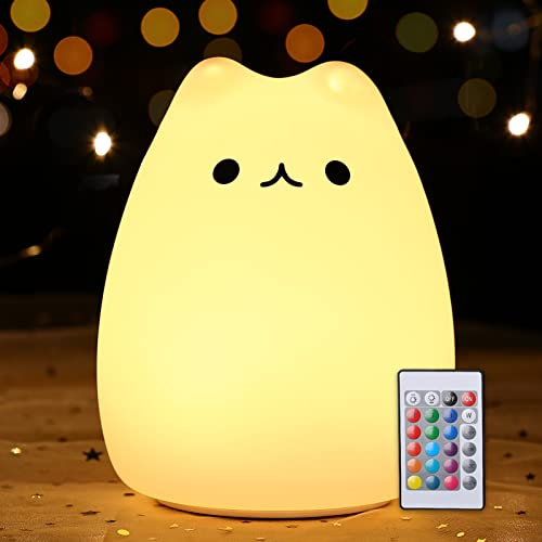 Katzen Nachtlicht Kinder mit Fernbedienung, 7 Farbwechsel LED Tragbare Touch Baby Lampe, USB aufladbar Silikon Tier Nachtlicht für Kinder Kindergarten Kleinkind Mädchen Geburtstags Geschenk Dekor