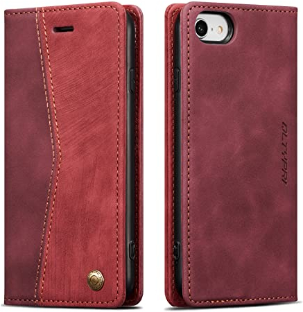 QLTYPRI Hülle für iPhone 7/8/SE 2020/SE 2022 5G, Vintage Dünne Handyhülle mit Kartenfach Slot Ständer PU Ledertasche Klapphülle TPU Bumper Flip Schutzhülle für iPhone 7 8 SE 2020 SE 2022 - Weinrote