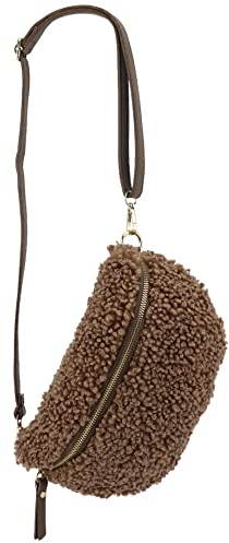 SH Leder ® Teddy Plüsch Hüfttasche Damen Gürteltasche für Festival Reise Bauchtasche mittelgroße Crossbody Bag Frauen mit echt Leder Schultergurt 27x16cm Kate G358 (Dunkeltaupe, M)