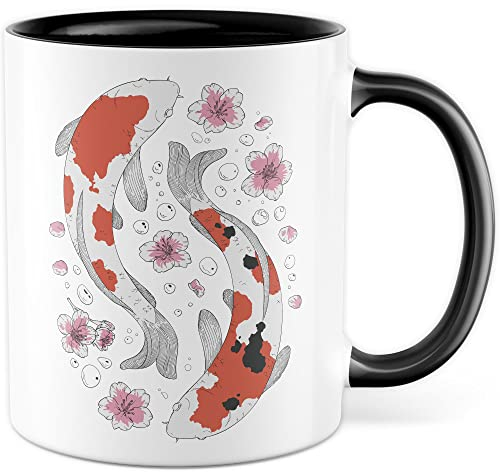 Koi Design Tasse mit Bild Kaffeetasse Koikarpfen Kaffee-Becher Koi-Karpfen Druck Fische und Blumen Tasse Zeichnung Fisch und Pflanzen im Wasser Motiv Japan japanische Karpfen (Weiß/Schwarz)