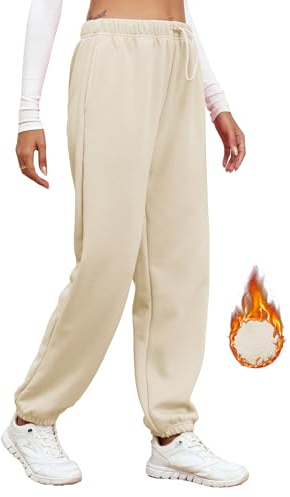 Famulily Frauen gebürstete Winter Athletic Joggers Hosen, Oversized Sweatpants Gym Sporthose mit Kordelzug (S, Beige)