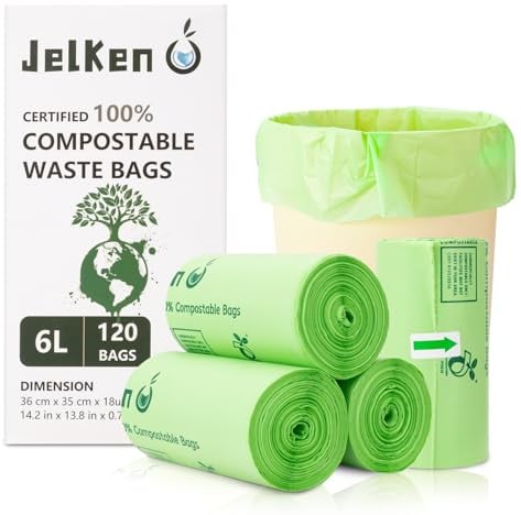 JelKen 6L-120 Bags 100% Compostable Biodegradable Bin Liners - Food Waste Bags - Eco-friendly Bags - Meeting EN13432 Certificate Caddy Kitchen Bin Liners