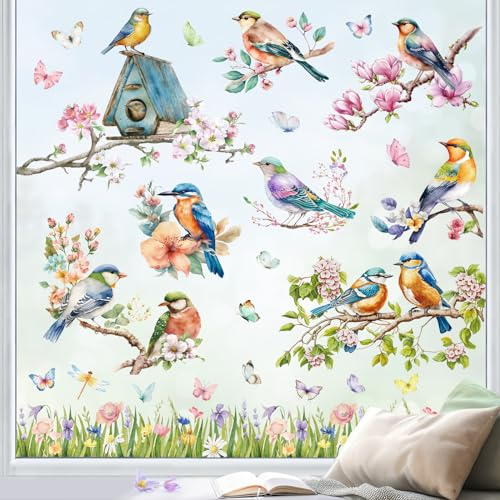 AFXXE Fensterbilder Frühling Selbstklebend, 10 Blatt Sommer Anti-Kollision Fensteraufkleber Wiederverwendbar, Einschließlich Blumen Wiese,Vögel,Ast,Schmetterlinge,Geeignet Glastür/Fensterdeko