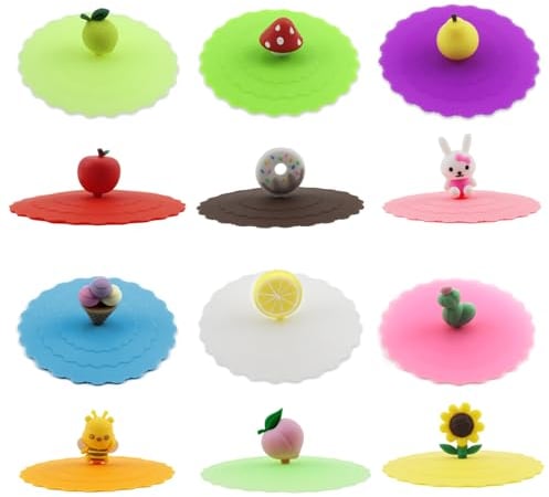 ELEpl 12 Pièces 10cm Couvercle Tasse Silicone Créatif Couvercles de Tasse Anti Poussière Silikondeckel für Gläser Anti Fuite Coloré Sealing Cup Lid pour les Tasses à Café Bière Thé Eau