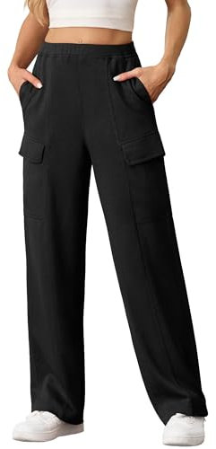 QIXING Cargo Jogginghose Damen Baggy Lässige Weite Hose Herbst Winter 2024 Bequeme Sweatpants Einfarbige Sweathose mit Taschen(Schwarz, L)