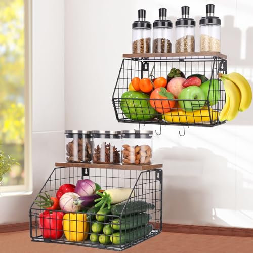 Zaxiva 2 Etages Corbeille a Fruit, Panier a Fruit etagere de murale cuisine, Rangement de cuisine empilable, Avec un Couvercle en bois et 4 Crochets pour Fruit Basket pour Rangement Fruits et Légumes