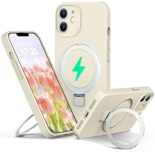 PuyaTeya Liquid Silicone Case for iPhone 11 with Magnetic Ring Stand, Upgraded camera lens protection, Mil-Grade Drop Shockproof, Anti-Scratch Microfiber Lining Silicone Case(Beige)