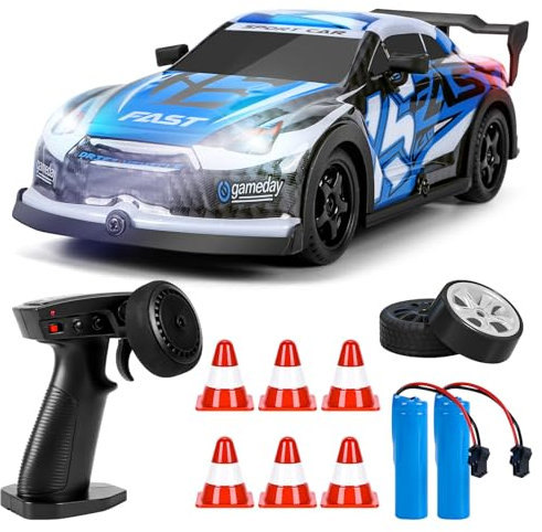 BuzzoXerex Coche RC Drift, 1:22 Mini Drift RC Car, 4WD 15 km/h Coche Teledirigido Drift con Kit Barricada y Luces LED, Drift Car de Juguete para Niños Mayores de 8 Años (Azul D)