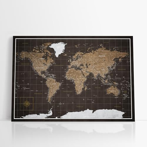 framed concept | Personalisierte Weltkarte mit Pinnnadeln | Handgefertigte Wanddekoration mit 50 goldenen Pins | Einzigartige Geschenkidee