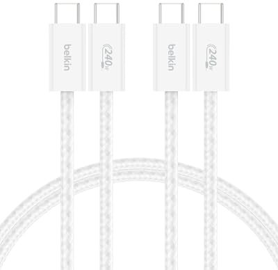 Belkin Paquete de 2 Cables Trenzados USB-C a USB-C de 1,5 m (240 W), carga rápida, cables de alimentación flexibles USB tipo C para iPhone 16 y 15, Galaxy S25, Pixel 9, iPad Pro y otros, Blanco