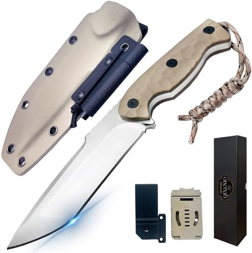 QIXENIO Taktisches Survivalmesser mit Feuerstarter - 25,4 cm VG-10 Stahlklinge, G10-Griff & Kydexscheide, Multi-Trage-Gürtelclip, Notfall-Magnesiumstab