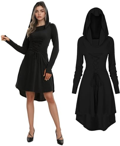 JDFAIJEAL Abito da donna gotico, medievale, rinascimentale, con cappuccio, a maniche lunghe, retrò, per cosplay, Halloween, carnevale