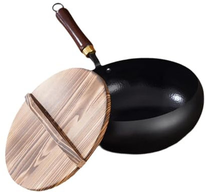 Milageto Padella ferro, pentolame riutilizzabile, piccolo wok a fondo piatto per cottura a fiamma libera, tutti cottura elettrici, 30 Cm