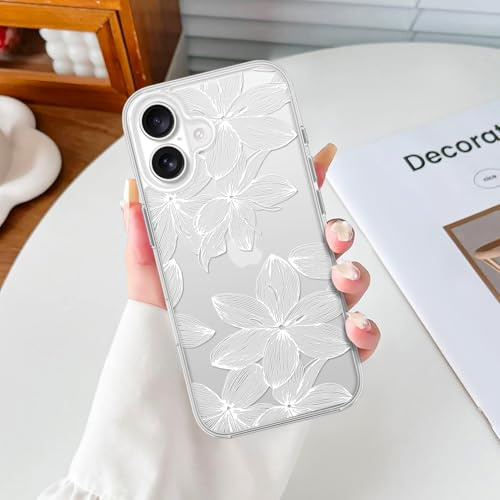 xoniery Compatible for iPhone 16 Case Cute Clear Flower Floral Slim Soft TPU Shockproof Protective Aesthetic Transparent Anti-scratch Anti-yellowing Cover for Women Girl, White