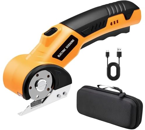 Caossuixin 4.2V Cordless Electric Scissors with Storage Bag, Rechargeable Cardboard Cutter Tool Fabric Scissor with Safety Lock & LED Light,Rotary Electric Box Cutter for Carpets,Plastic,Leather,Paper