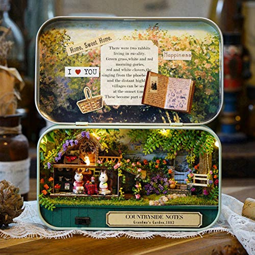 Generic Handgefertigtes Miniatur-Puppenhaus in Box. Wunderschön Gefertigter DIY-Puppenhaus-Bausatz mit LED-Lichterkette für Heimdekoration und Geschenk, für Heimwerker und Sammler, Holz + Stoff +