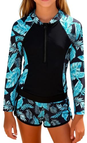 EFOGEP Maillot de bain 2 pièces pour fille Rashguard à manches longues avec short, protection UV UPF 50+, protection solaire, motif floral, pour fille de 7 à 14 ans, 01 # vert, 11-12 ans
