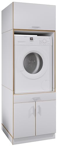 VCM Waschmaschinenschrank mit Unterschrank, Waschmaschinenumbau mit Stauraum hinter Zwei Drehtüren und Einer Schublade, Maße: Überbauschrank H. 200 x B. 67 x T. 68 cm, Rislo CL XXL