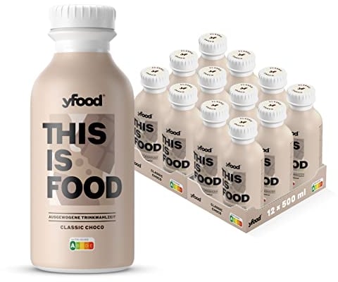 yfood Classic Choco, repas prêt à boire, THIS IS FOOD, substitut de repas, 33 g de protéines, 26 vitamines et minéraux (12 x 500 ml), goût chocolat