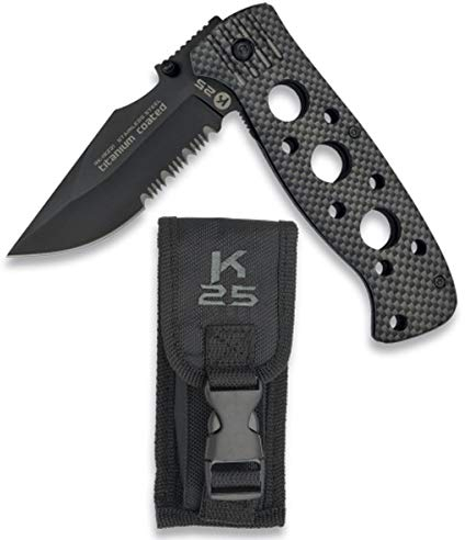 K25 K25-19221 - Couteau de survie avec housse - Lame : 8,5 cm - Outil pour chasse, pêche, camping, extérieur, survie et bushcraft