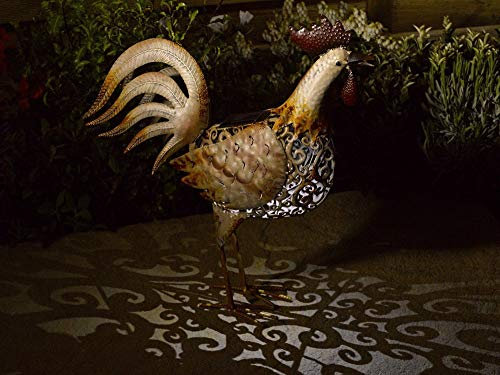 Garden mile Large Solar Cockerel Ornament with Multicoloured LED Lights Copper Effect Metal Animal Sculptures Garden Ornaments Decoration Solar Powered Outdoor Statue