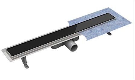 Duschrinne Edelstahl Komplettset Schwarzes Glas Haarsieb Rinne mit Siphon Montagefüße Inklusive mit Dichtmanschette Doppelkammer Bodenablauf Länge 50 cm