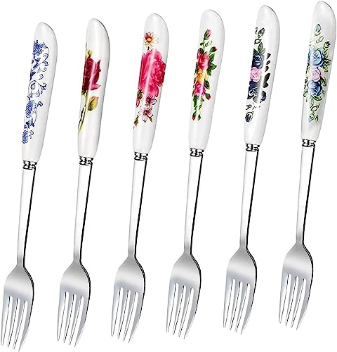 Lot de 6 fourchettes en acier inoxydable pour 6 personnes – Fourchettes durables avec poignées en céramique et motif floral fantaisie, très résistantes et passent au lave-vaisselle, articles de dîner