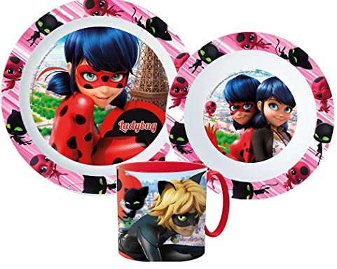 Ladybug Miraculous Set für Essen und Schule aus Kunststoff, wiederverwendbar, Ladybug Miraculous (1 Teller, 1 Tasse mit Griff, 1 Schüssel)
