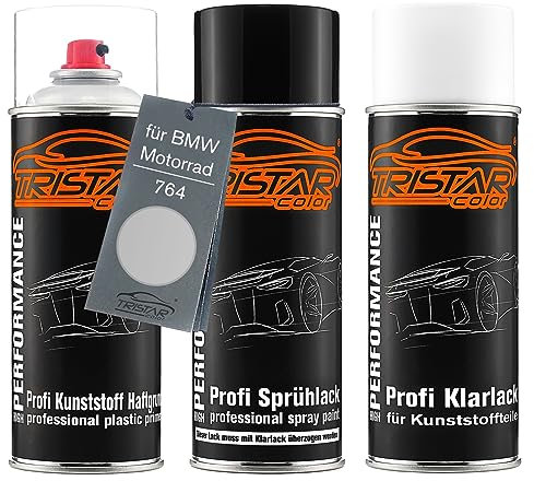 TRISTARcolor Peinture moto Kit bombes de peinture pour plastique pour BMW Motorrad 764 Titansilber Metallic primaire d'adhérence peinture de base vernis clair avec plastifiant