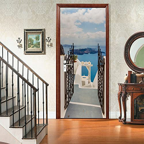 A.Monamour Türtapete Selbstklebend Türfolie Türposter 3D Vulkan Caldera Mit Tor Treppe Auf Der Insel Santorini Griechenland Vinyl Folie Türdeko Tapete Wandbild Türaufkleber Türtattoo 90 x 200 cm