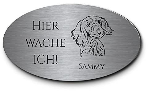 Vorsicht vor dem Hund Personalisierbar Dackel Langhaardackel Vorsicht Hund | Hochwertige Gravur auf Edelstahl oval 15x8 | Hinweisschild Langlebig wetterfest ideal für draußen