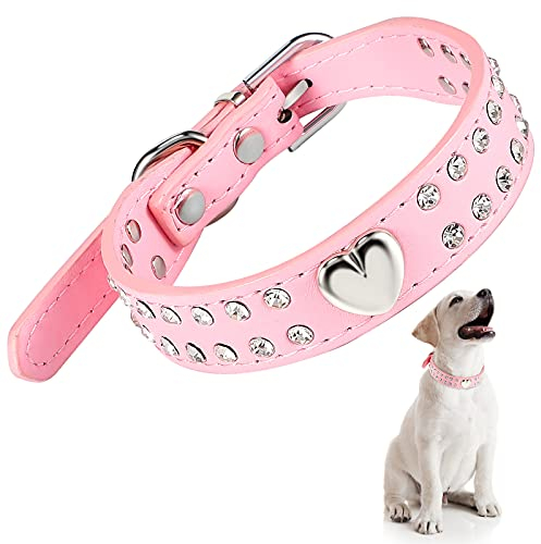 Kristall Hundehalsband Bling Strass Welpenhalsband mit Nieten PU Leder Haustier Halsband Verstellbares Halsband für Kleine und Mittelgroße Hunde (Herz Kristall, 42 x 2 cm)