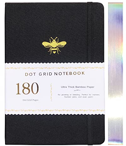 BUKE Dotted Journal Dot Grid Notebook,110lb/180gsm, Bamboo Paper, Waterproof Fabric Hardcover, 160 Dot Grid Pages, A5 5.7 * 8.2 inch Honeybee (BKF-7)